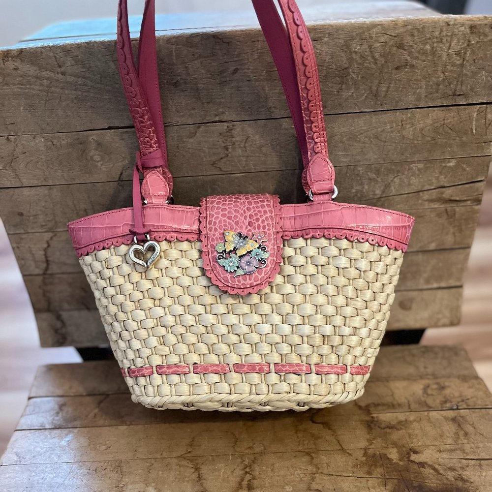 Brighton Pink Trim Woven Straw Tote with Heart Charm